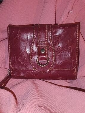Embossed Leather Compact Wallet in Deep Burgundy